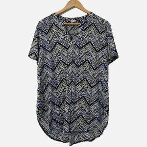 Cato Women's Large Stretchy Short Sleeve Blue Black Chevron Pullover Soft Blouse